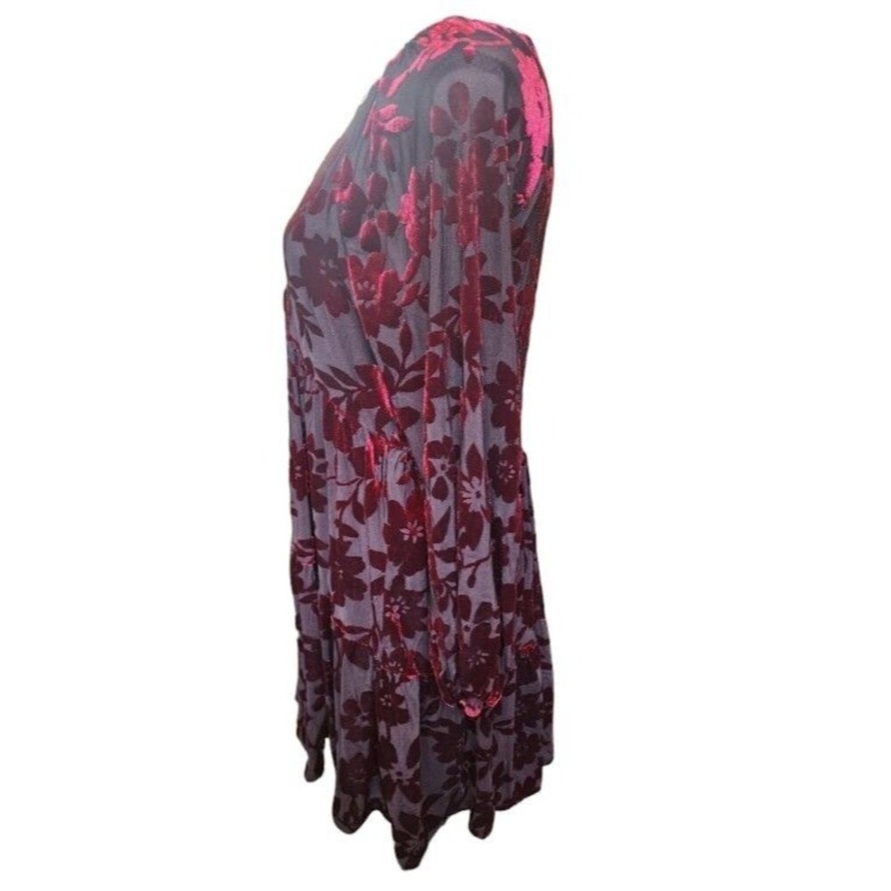 TAYLOR Burgundy Velvet Burnout Babydoll Dress Size 4 Lined Long Sleeve - Picture 5 of 10